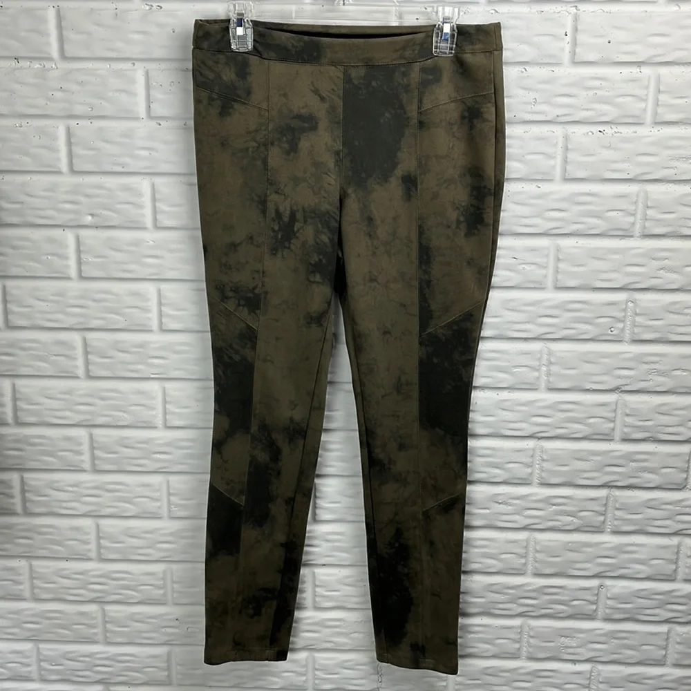 TAHARI Faux Leather jegging Tie Dye Olive Green Black size medium